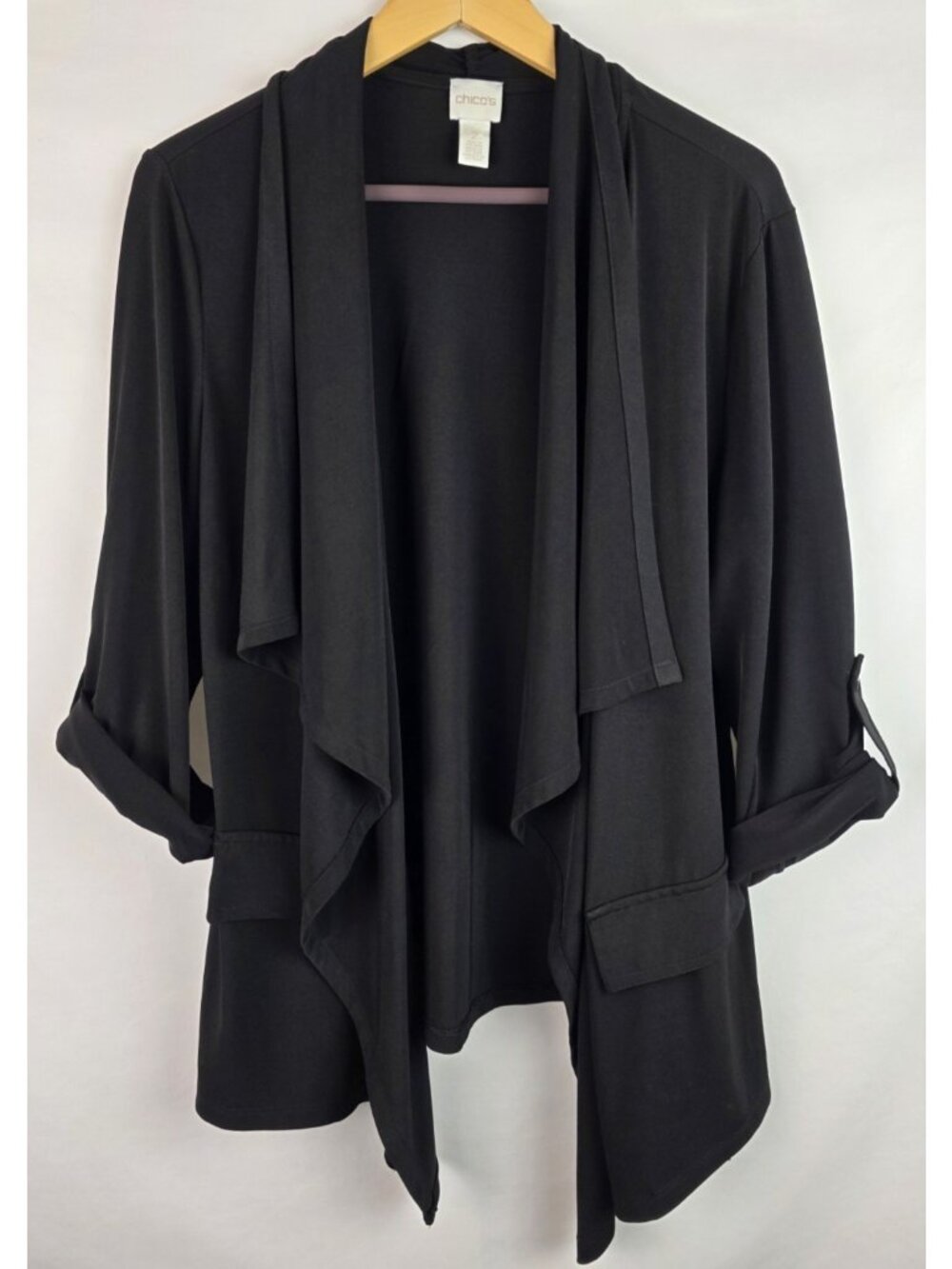 Chico's Women's Top Size 2 Large Black 3/4 Sleeve Open Front Cardigan Shirt